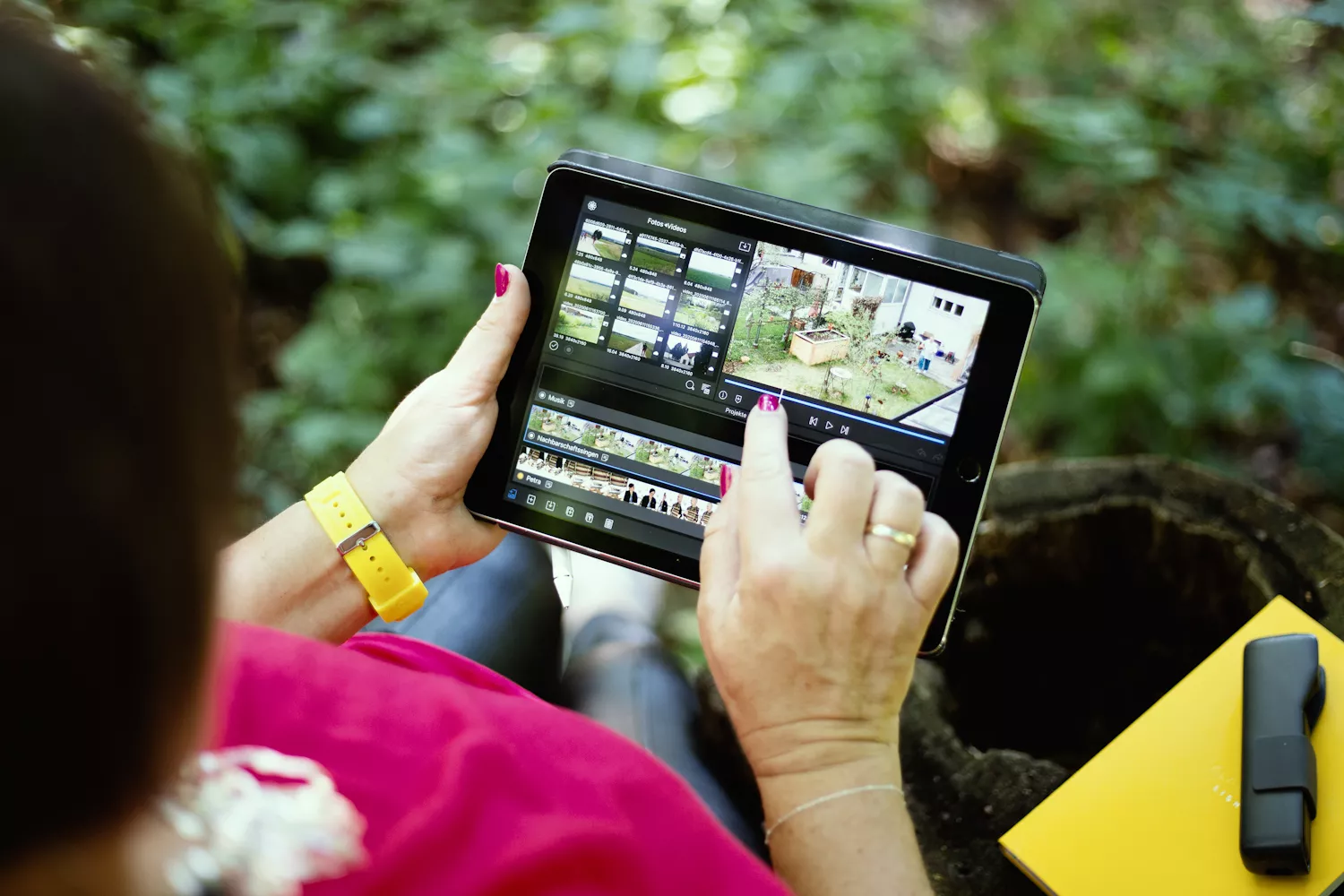 Heike beim Videoschnitt in der Natur